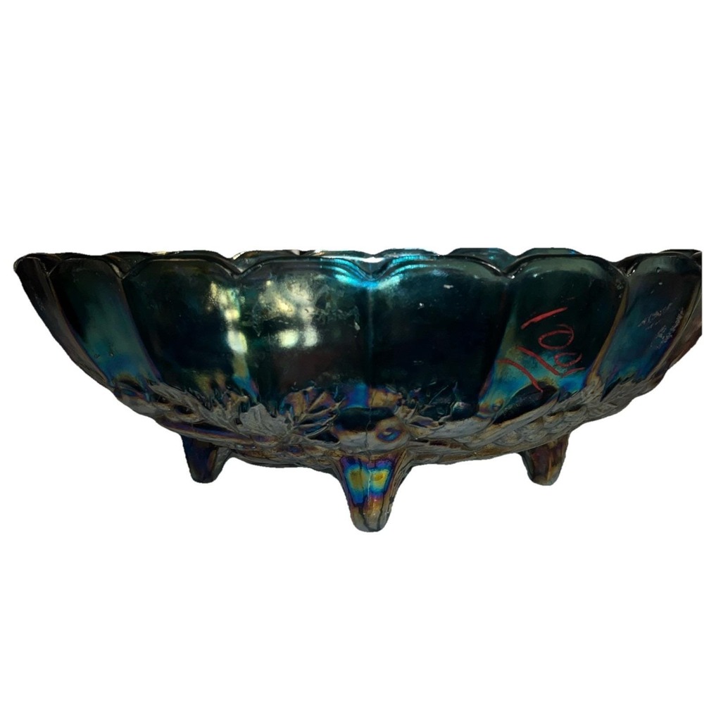 Vintage Indiana Carnival Glass Blue Iridescent Harvest Grape Footed Fruit Bowl